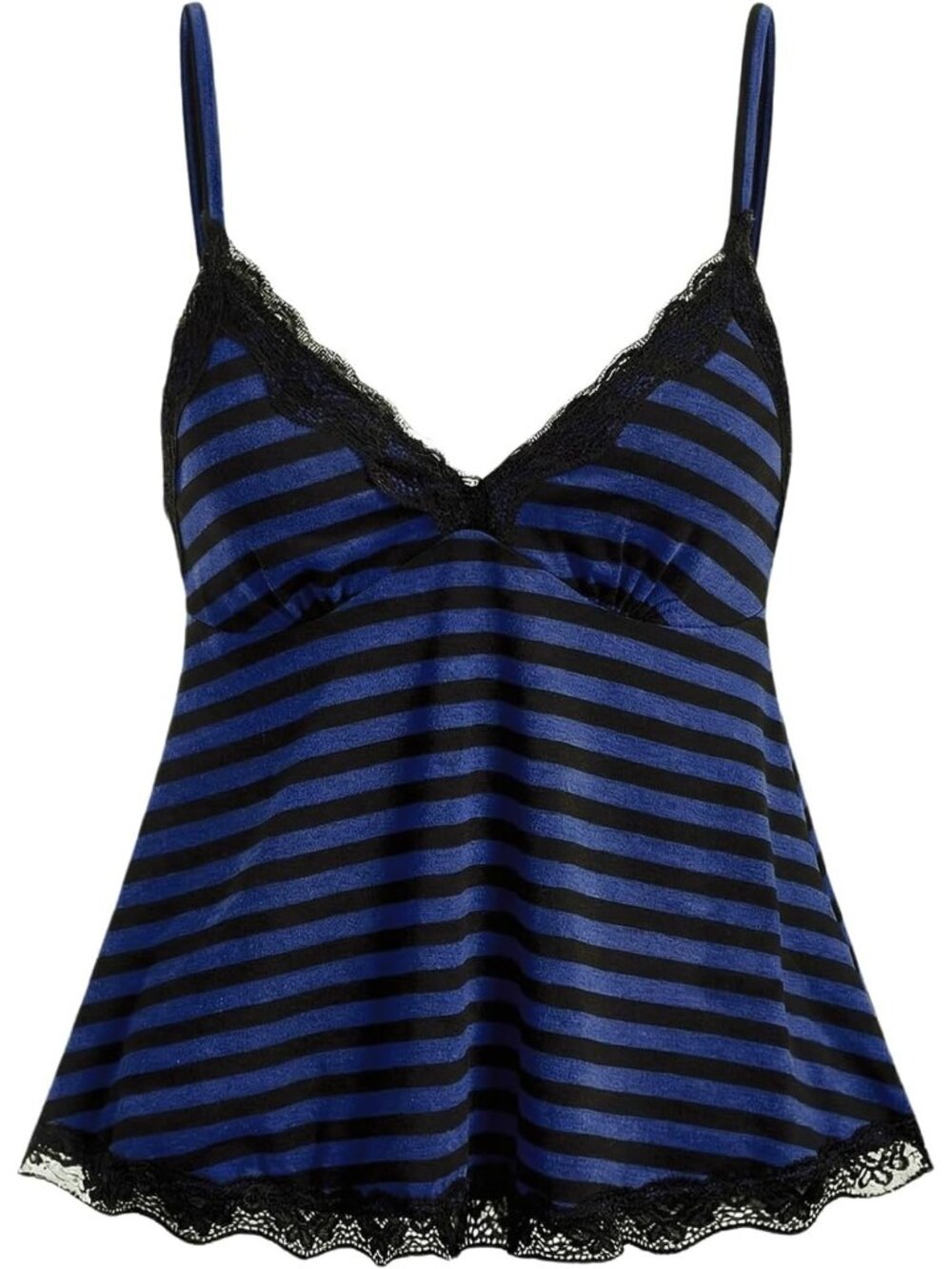 Women's Black and Blue Lace Cami Sleeveless Striped Spaghetti Strap Baby doll To